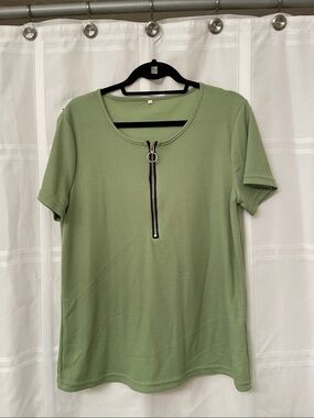 Olive Green Short Sleeve Zip Front Women's Top
